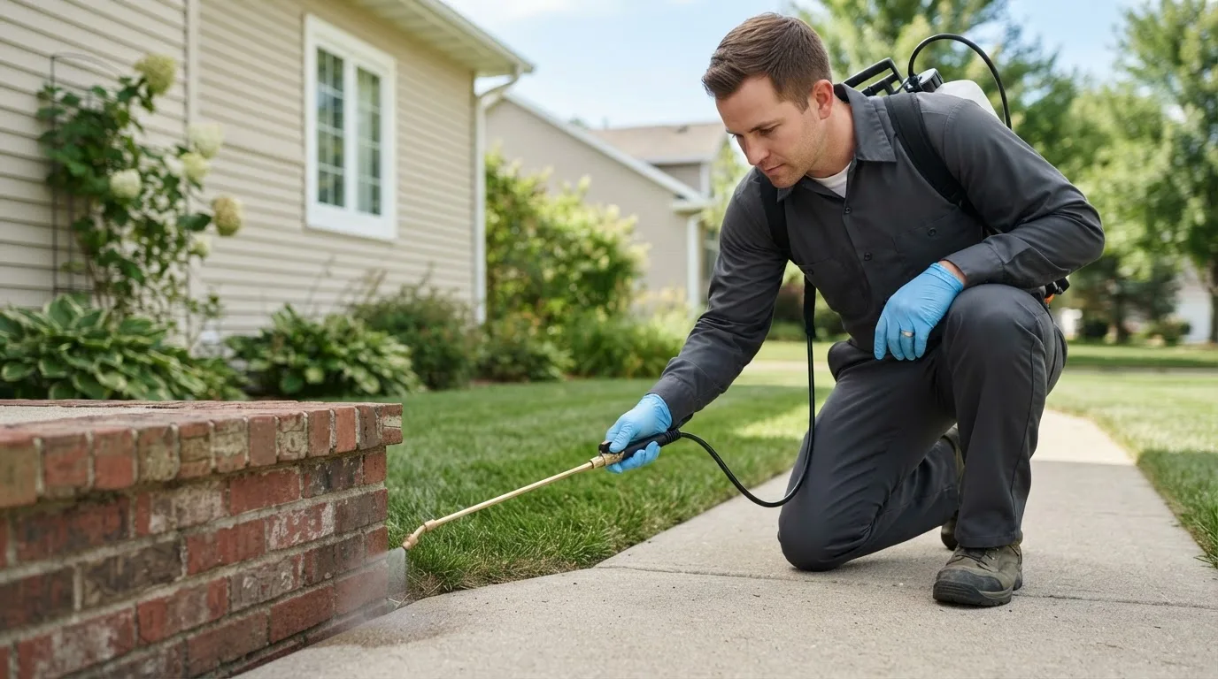 Pest control technician treating a home near Preston, IA