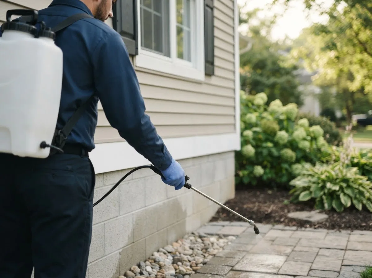 Pest control technician inspecting a home in Preston, IA